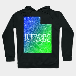 Colorful mandala art map of Utah with text in blue and green Hoodie